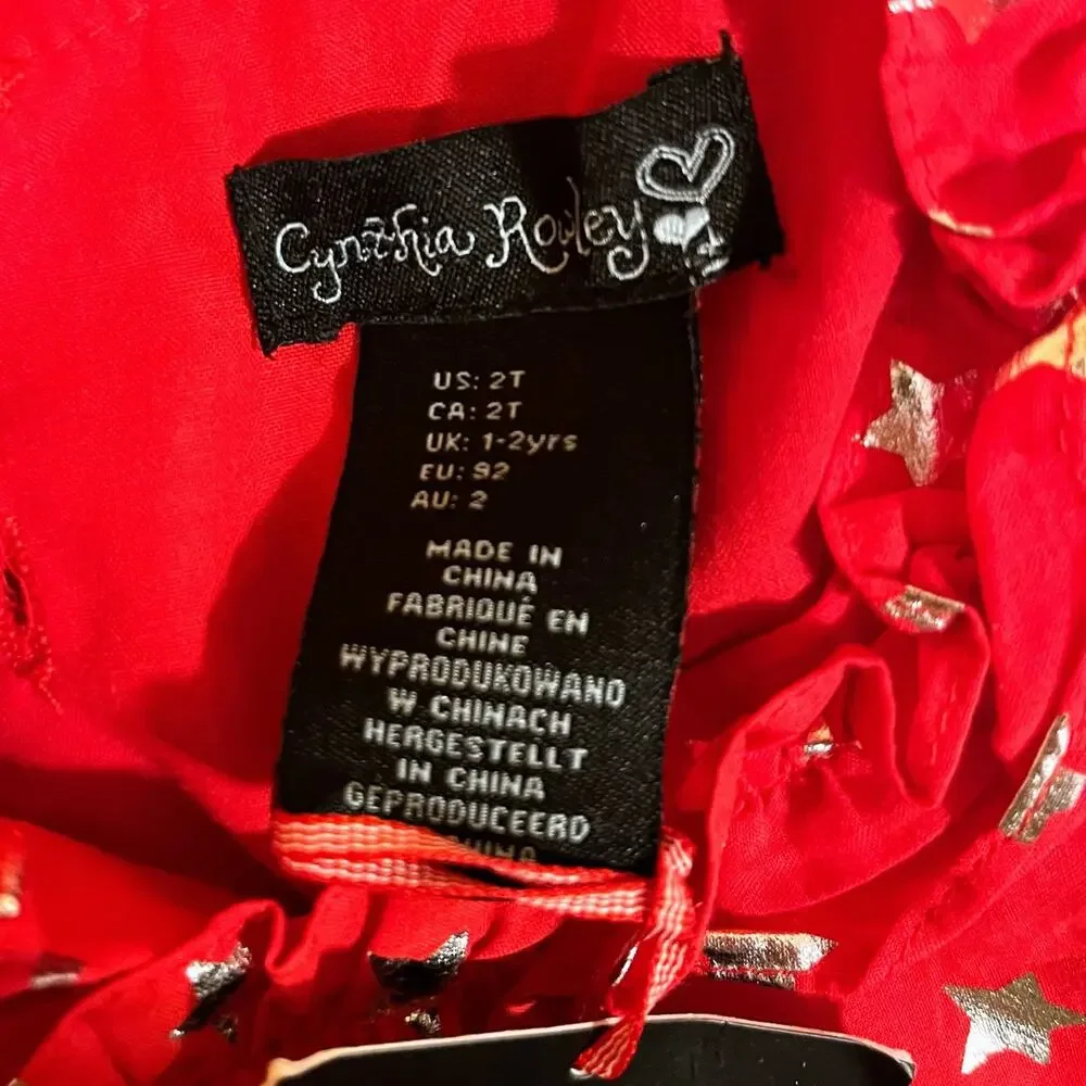 Cynthia Rowley Girls 2T Red Silver Star Print Ruffle Party Dress Holiday Toddler